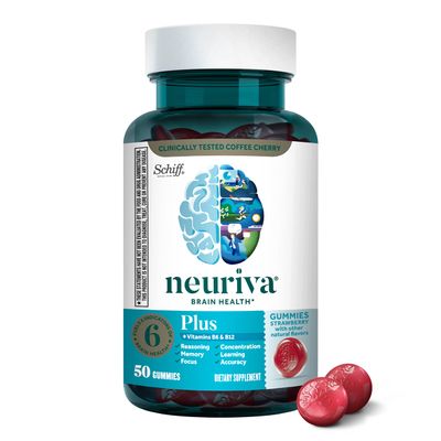 NEURIVA Plus Brain Supplement for Memory,Focus &amp; Concentration+Cognitive Function with Vitamins B6 &amp; B12 and Clinically Tested Nootropics Phosphatidylserine and Neurofactor,50ct Strawberry Gummies