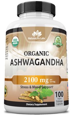 Organic Ashwagandha 2,100 mg - 100 Veggie Capsules Pure Organic Ashwagandha Powder and Root Extract - Stress Relief, Mood Enhancer