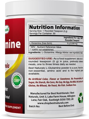 Best Naturals L-Glutamine Powder - 1 Pound - 100% Pure and Free Form - Glutamine Recovery Powder - Clinically Proven Recovery Aid for Men and Women (817716014555)
