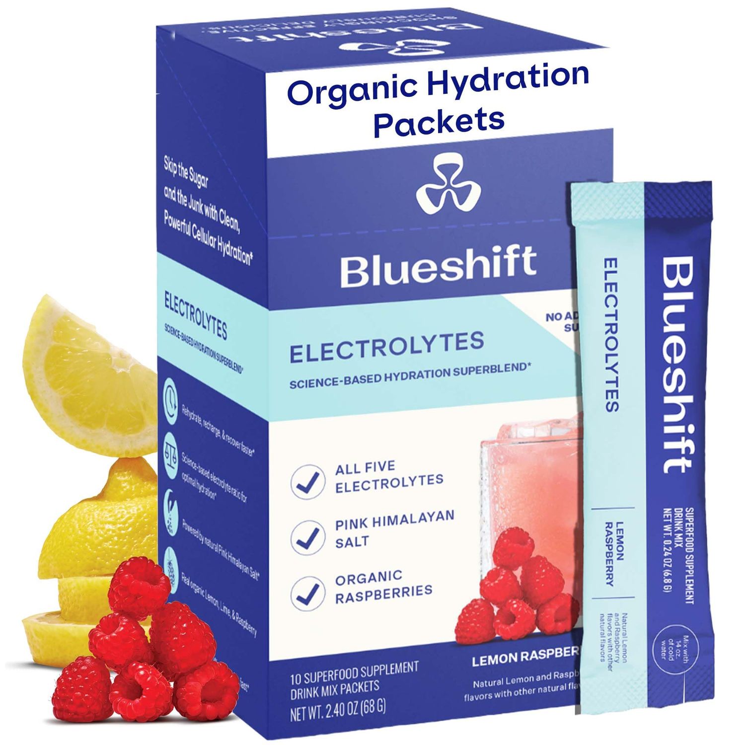 Blueshift Electrolytes - Natural Electrolytes Powder Packets, Organic Hydration Packets, Electrolyte Drink Mix Sticks with No Sugar, Single Serve Pack - Lemon Raspberry Flavor, Powder Sticks (10 Pack)