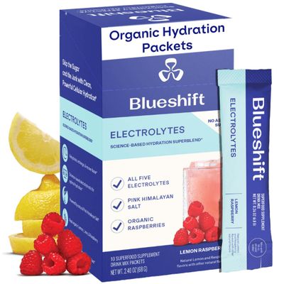 Blueshift Electrolytes - Natural Electrolytes Powder Packets, Organic Hydration Packets, Electrolyte Drink Mix Sticks with No Sugar, Single Serve Pack - Lemon Raspberry Flavor, Powder Sticks (10 Pack)