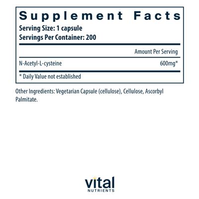 Vital Nutrients NAC 600mg | N-Acetyl Cysteine | Vegan NAC Supplement | Antioxidant for Sinus, Liver, Immune, and Respiratory Health* | Gluten, Dairy, Soy Free | 200 Capsules