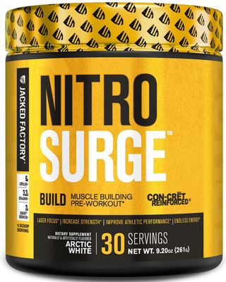 Jacked Factory Nitrosurge Build Pre Workout with Creatine for Muscle Building - Con Cret Creatine Powder &amp; elevATP for Intense Energy, Powerful Pumps, &amp; Endless Endurance - 30 Servings, Arctic White