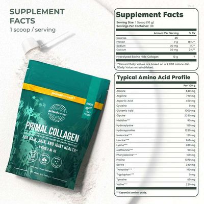 Primal Harvest Collagen Powder for Women or Men Primal Collagen Peptides Powder Type I &amp; III, 10 Oz Collagen Protein Powder for Hair, Skin, Nails (Single, Original)