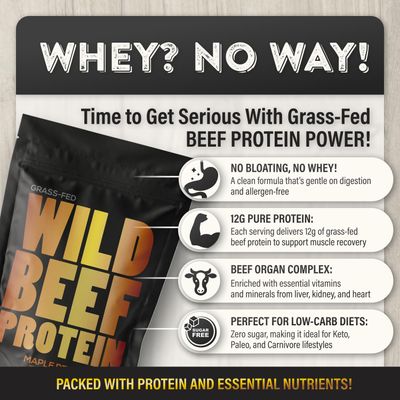 Wild Grass Fed Beef Protein Powder with Beef Organs Complex - Sugar Free Protein Shake - Low Carb &amp; Calories - Keto/Paleo/Carnivore Friendly - Whey/Bloating/Lactose Free - Maple Pecan 10oz