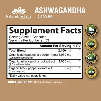 Organic Ashwagandha 2,100 mg - 100 Veggie Capsules Pure Organic Ashwagandha Powder and Root Extract - Stress Relief, Mood Enhancer