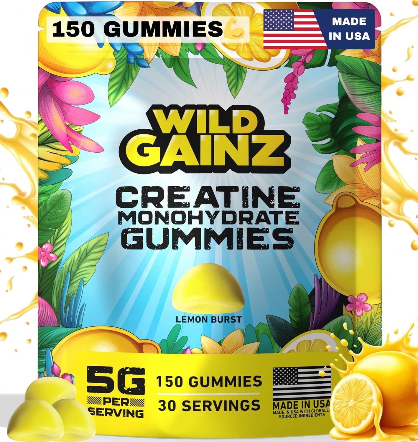 Creatine Monohydrate Gummies 5g - Made in USA, Potency Tested, Vegan, Supports Muscle Growth, Strength, Cognitive Function, Gluten-Free, Non-GMO, Creatine Gummy, Creatine Chews - 150 Gummies