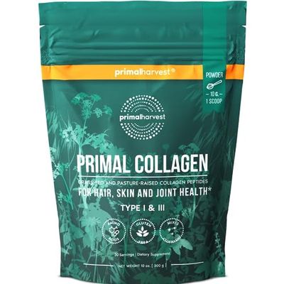 Primal Harvest Collagen Powder for Women or Men Primal Collagen Peptides Powder Type I &amp; III, 10 Oz Collagen Protein Powder for Hair, Skin, Nails (Single, Original)
