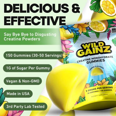 Creatine Monohydrate Gummies 5g - Made in USA, Potency Tested, Vegan, Supports Muscle Growth, Strength, Cognitive Function, Gluten-Free, Non-GMO, Creatine Gummy, Creatine Chews - 150 Gummies