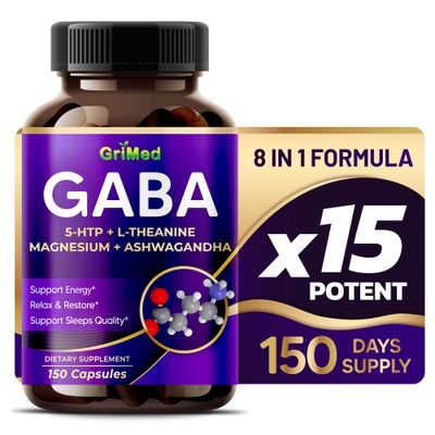GriMed GABA 16,280mg - X15 Power with 5-HTP, L-Theanine, Magnesium, Ashwagandha - Relax &amp; Restore, Support Sleep Well - Made in USA (150 Count (Pack of 1))