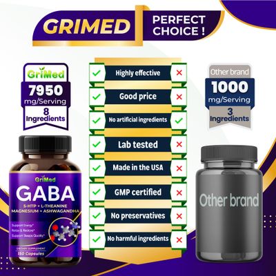 GriMed GABA 16,280mg - X15 Power with 5-HTP, L-Theanine, Magnesium, Ashwagandha - Relax &amp; Restore, Support Sleep Well - Made in USA (150 Count (Pack of 1))