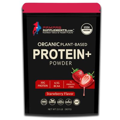 Pampas Supplements.com Organic Vegan Protein Powder, Strawberry flavor, 2 LB - 30g Plant Protein, 7g Prebiotic Fiber, No Lactose Ingredients, Non-GMO, Sport Protein,for Shakes &amp; Smoothies