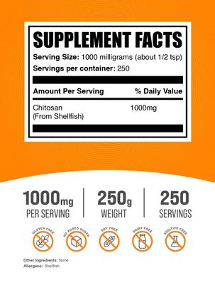 BulkSupplements.com Chitosan Powder - Fiber Supplement - Chitosan 1000mg - Chitosan Supplements for Kidney - from Shellfish - 1000mg per Serving, 250 Servings (250 Grams - 8.8 oz)