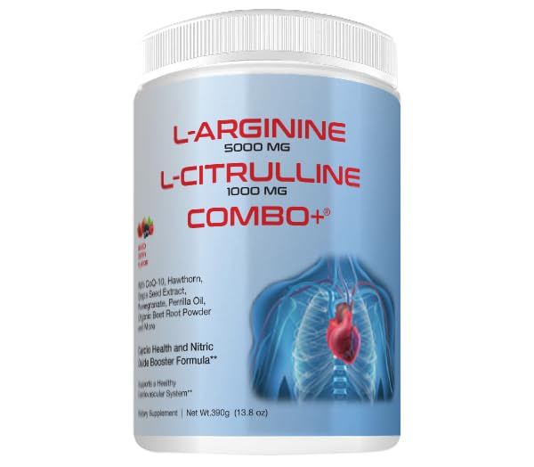 L-arginine 5000 mg and L-citrulline 1000 mg Combo, Nitric Oxide Supplement Complex, Cardio Heart Health Powder, Mixed Berry Flavor, 16.82 Oz..