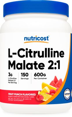 Nutricost L-Citrulline Malate 2:1 (600g) Fruit Punch - Workout Support, Muscle Performance, Nitric Oxide Booster - Fitness Supplement Powder, 75 Servings