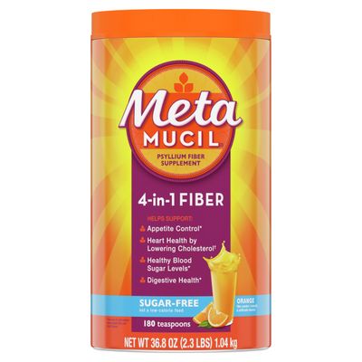 Metamucil 4 in 1 Daily Fiber Supplement Powder, Fiber Powder for Digestive Health and Regularity*, Sugar-Free, Orange, Naturally Sourced Psyllium Fiber, 180 teaspoons