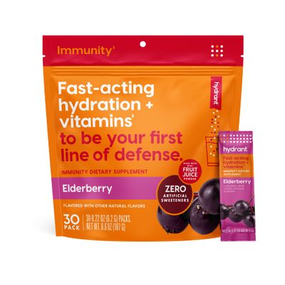 Hydrant Immunity, Individual Immune Hydration Powder Stick Packets with Vitamin C, Vitamin D, and Zinc for Electrolyte and Energy Support (Elderberry, 30 Count)