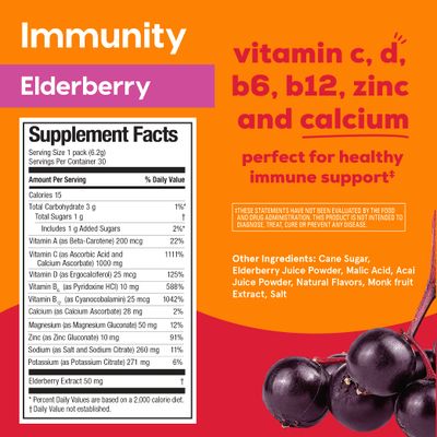 Hydrant Immunity, Individual Immune Hydration Powder Stick Packets with Vitamin C, Vitamin D, and Zinc for Electrolyte and Energy Support (Elderberry, 30 Count)