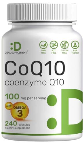 CoQ10 100mg, 240 Capsules - with Omega 3 Fatty Acid 100mg - Bioavailable Coenzyme Q10 Supplements - Heart, Energy, &amp; Brain Health Antioxidant Support - Non-GMO