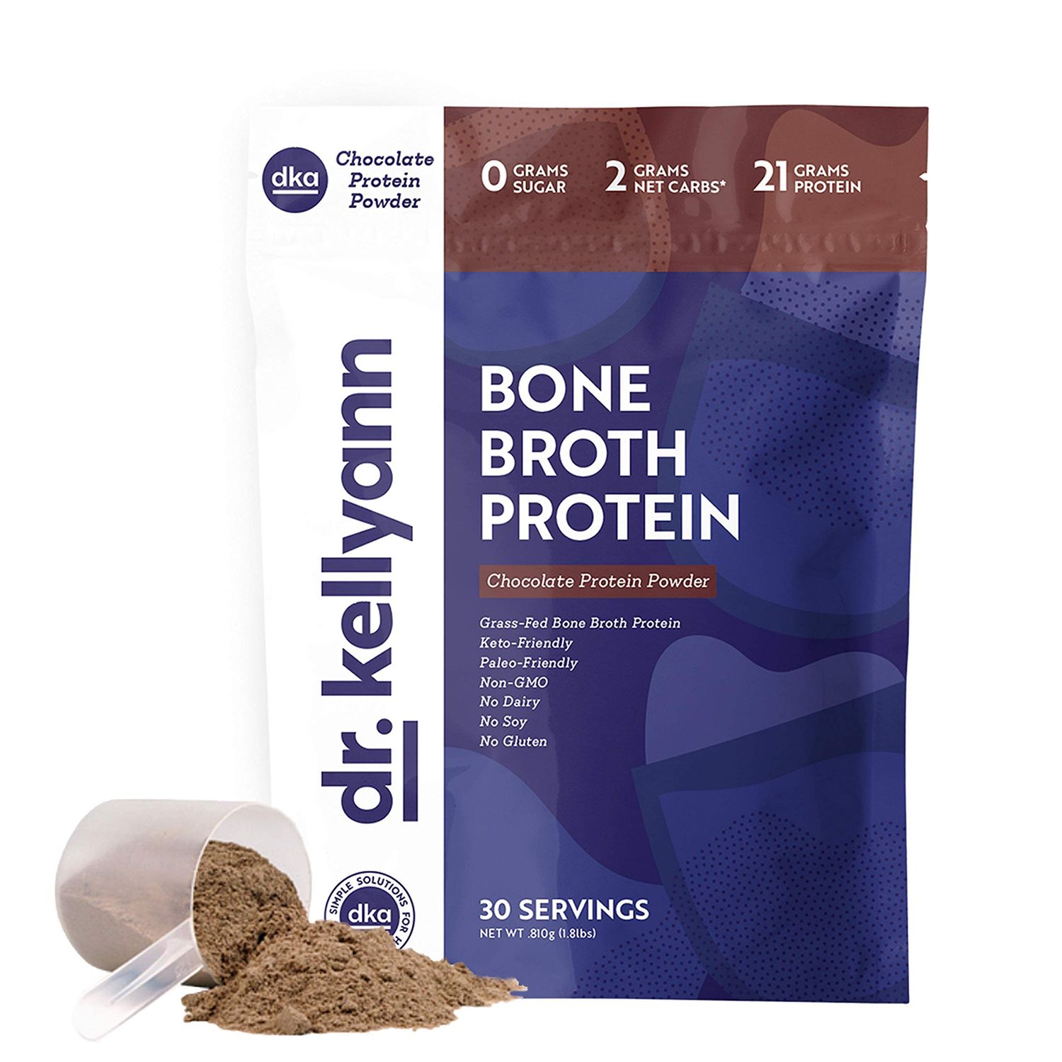 Dr. Kellyann Keto Bone Broth Protein Powder Chocolate - Protein 21g, 2g Net Carbs - Grass Fed Hydrolyzed Collagen - Sugar, Gluten and Dairy Free, Paleo, Keto Protein Shakes (30 Servings)