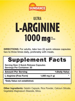 Sundance L-Arginine 1000mg Capsules | 60 Count | Free Form Amino Acid Supplement | Non-GMO and Gluten Free Supplement