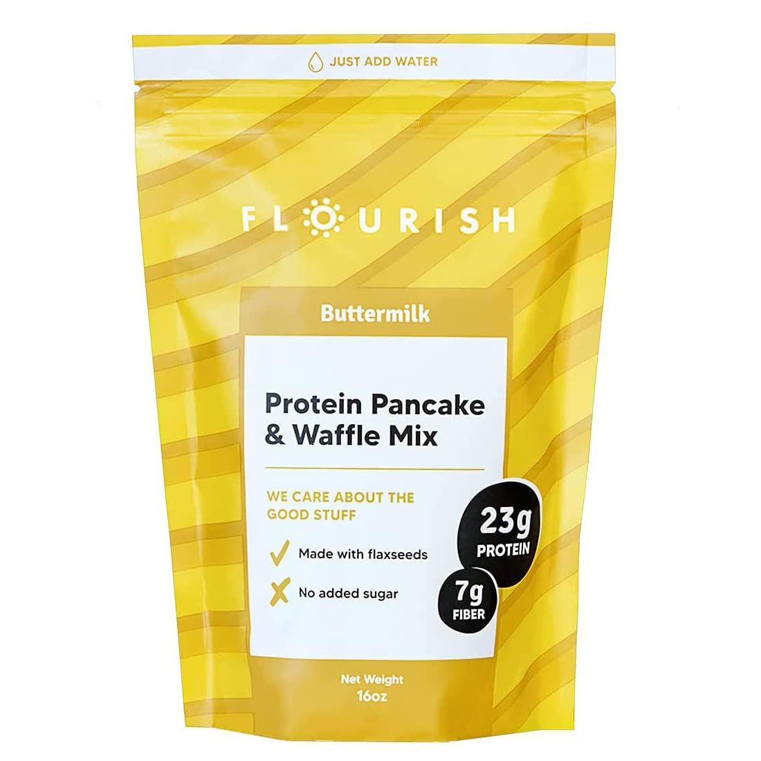 Flourish - Protein Pancake &amp; Waffle Mix, Whey Protein Isolate &amp; Flax Seed, Non-GMO, No Added Sugar, Superfood, High Protein &amp; Fiber, Just Add Water - Buttermilk, 16oz