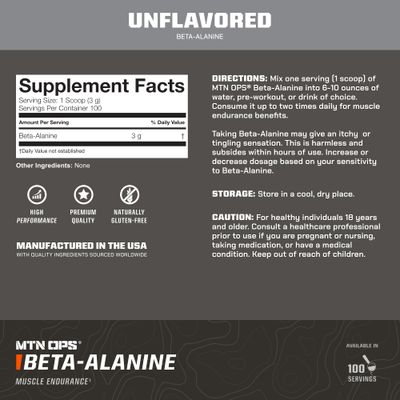 MTN OPS Beta Alanine, Beta Alanine Powder Pre Workout, 3g of Beta Alanine per Serving, Unflavored 100 Servings