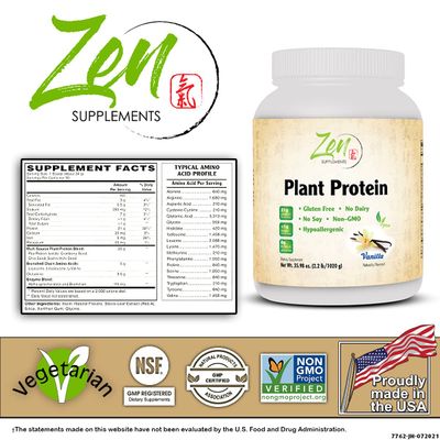 Zen Supplements - Plant Protein-Vanilla 1020G 2.2LB-Powder - 25 Grams of Protein Per Serving -Vegan, Low Net Carbs, Non Dairy, Gluten Free, Lactose Free, No Sugar Added, Soy Free, Kosher, Non-GMO