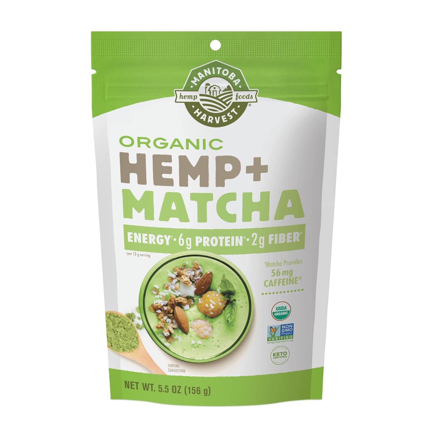 Manitoba Harvest Organic Hemp &amp; Matcha Powder, 5.5 oz - Energy, 6g of Protein, 2g of Fiber per Serving - Matcha Protein Powder - Vegan, Non-GMO Project Verified - 56g of Caffeine - Packaging May Vary