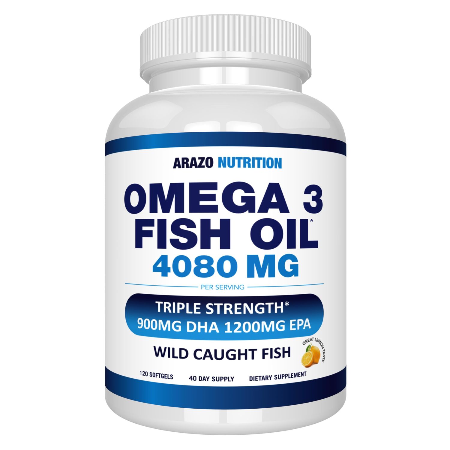 Arazo Nutrition Wild Caught Omega 3 Fish Oil - 120 Soft Gels - 4,080mg High EPA 1200mg DHA 900mg Lemon Flavor Burpless Softgels