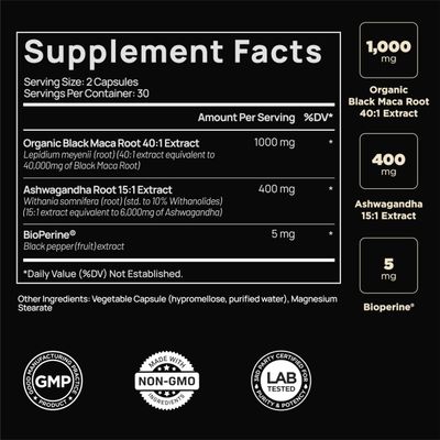 40,000mg 40x Strength Organic Black Maca Root w. Ashwagandha - #1 Highest Potency Black Maca Root Capsules for Men Supplement 100% Pure Maca Peruana 40:1 Extract Maca Powder Pills Gelatinized, Non-GMO