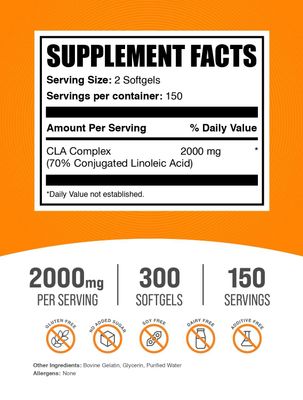 BulkSupplements.com Conjugated Linoleic Acid Softgels - CLA Supplements, CLA 2000mg, CLA Safflower Capsules, CLA Pills - 2 CLA Softgels per Serving, 150-Day Supply, 300 Softgels