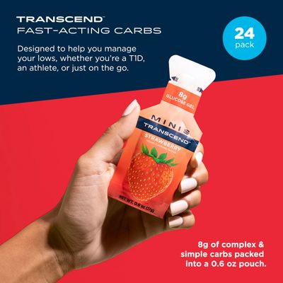 Transcend Foods Mini Strawberry Gel (.6 oz, Pack of 24) Fast-Acting Carb Gel Strawberry Flavor - Travel Size, Caffeine Free, Gluten Free