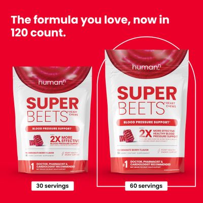 humanN SuperBeets Heart Chews, Nitric Oxide and Blood Pressure Support, Grape Seed Extract &amp; Non-GMO Beet Root Powder Energy Chews, Super Beets Heart Chews, Pomegranate Berry Flavor, 120 Count