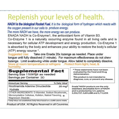 ENADA 20 x NADH Supplement | Boost Energy, Mental Focus, Stamina | Support Fatigue, Cell Regenerator | 20mg NADH 30 Lozenges (1 per serving) | Natural Energy Supplements for Women and Men