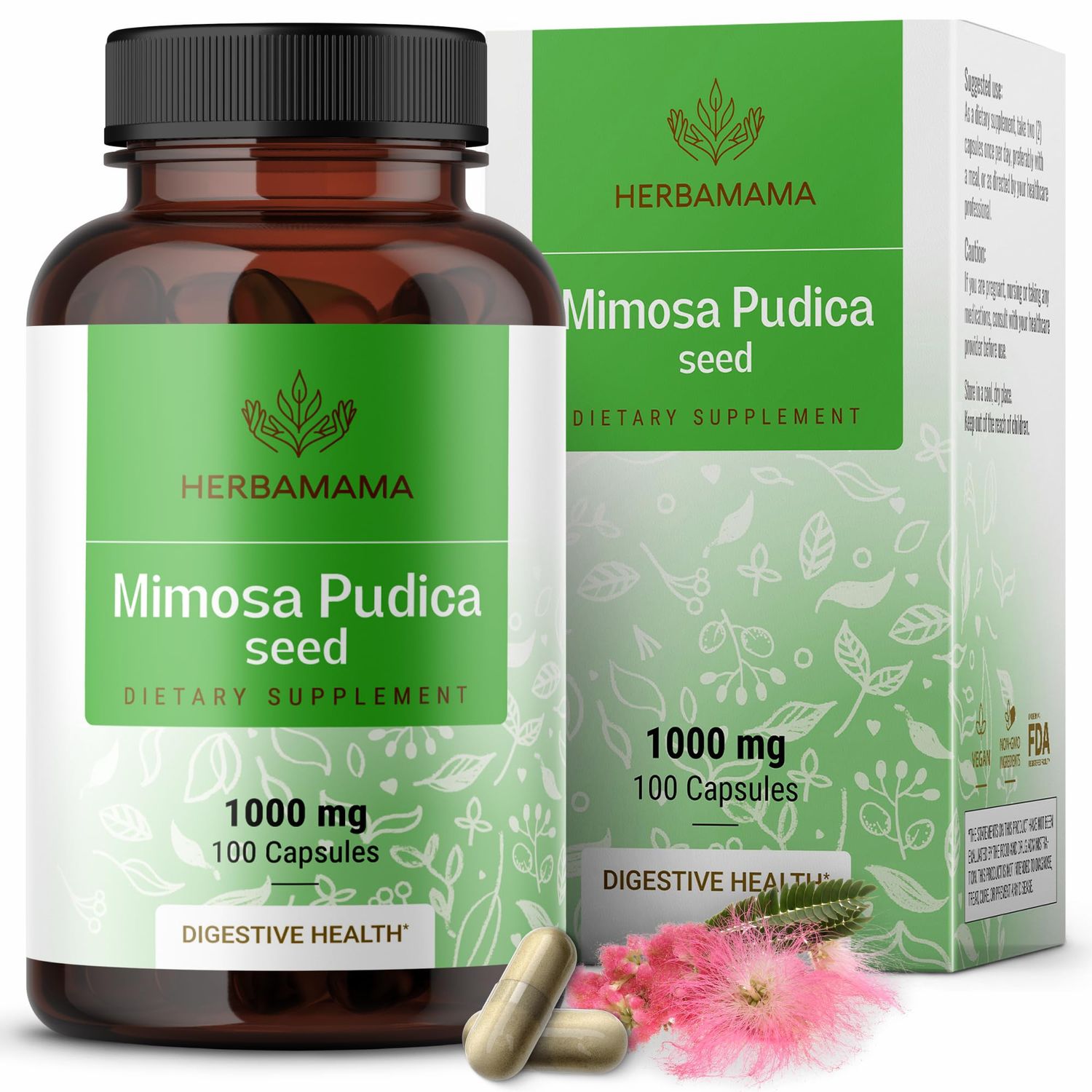 HERBAMAMA Mimosa Pudica Seed Capsules - 1000 mg Mimosa Pudica Plant for Digestive Health - Promoting Digestive Cleanse and Detox Support - Vegan, Non-GMO - 100 Caps