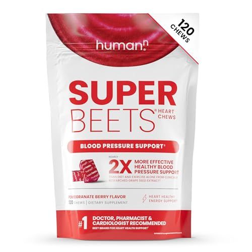 humanN SuperBeets Heart Chews, Nitric Oxide and Blood Pressure Support, Grape Seed Extract &amp; Non-GMO Beet Root Powder Energy Chews, Super Beets Heart Chews, Pomegranate Berry Flavor, 120 Count