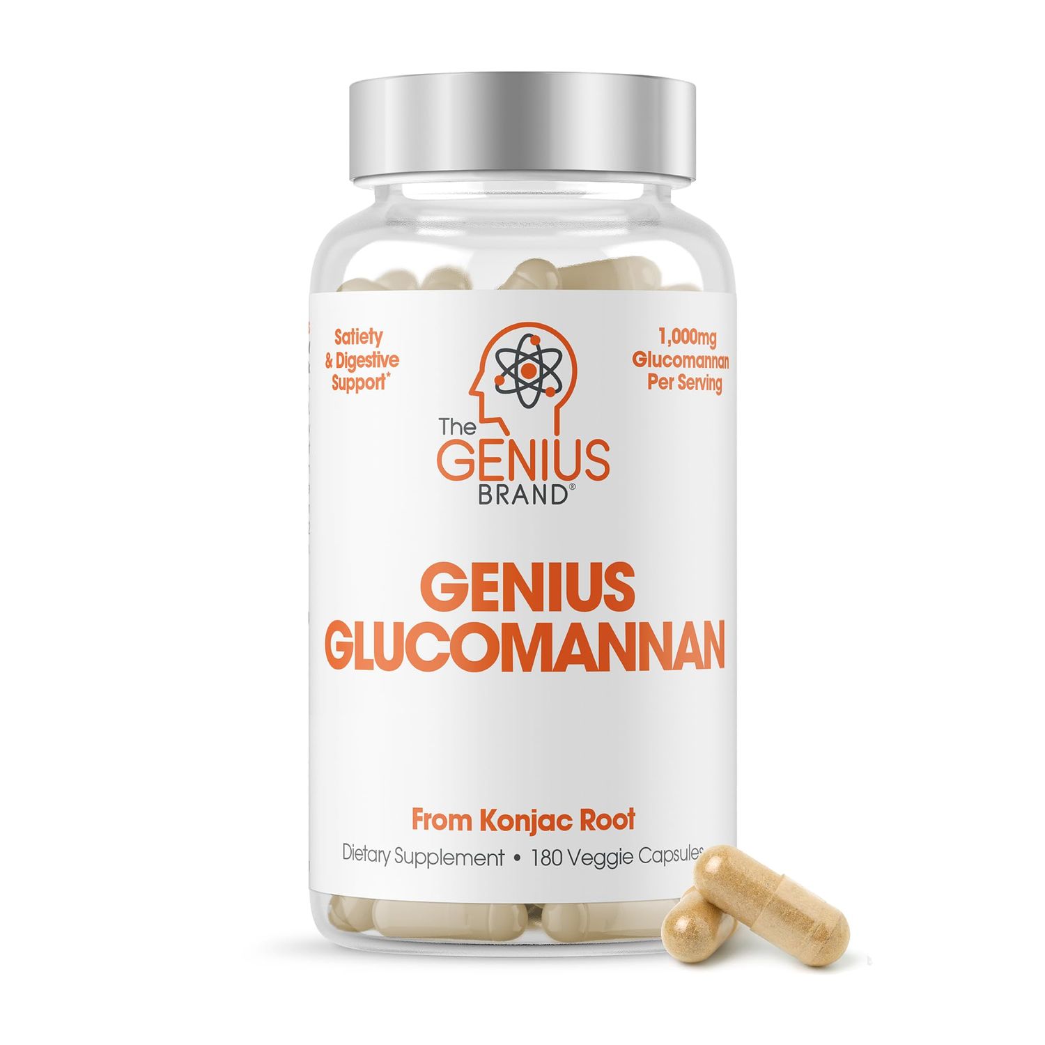 Genius Glucomannan 1,000mg Per Serving, 180 Capsules - Natural Fiber Source, Supports Regularity, Healthy Weight Management, Digestive Support, Non-GMO, Gluten Free