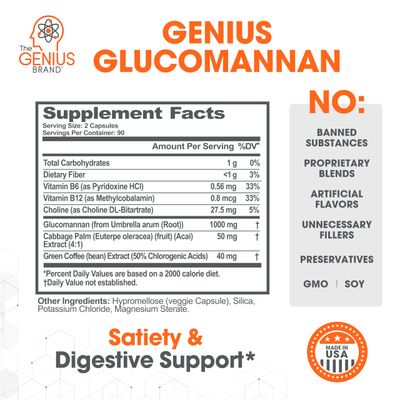 Genius Glucomannan 1,000mg Per Serving, 180 Capsules - Natural Fiber Source, Supports Regularity, Healthy Weight Management, Digestive Support, Non-GMO, Gluten Free