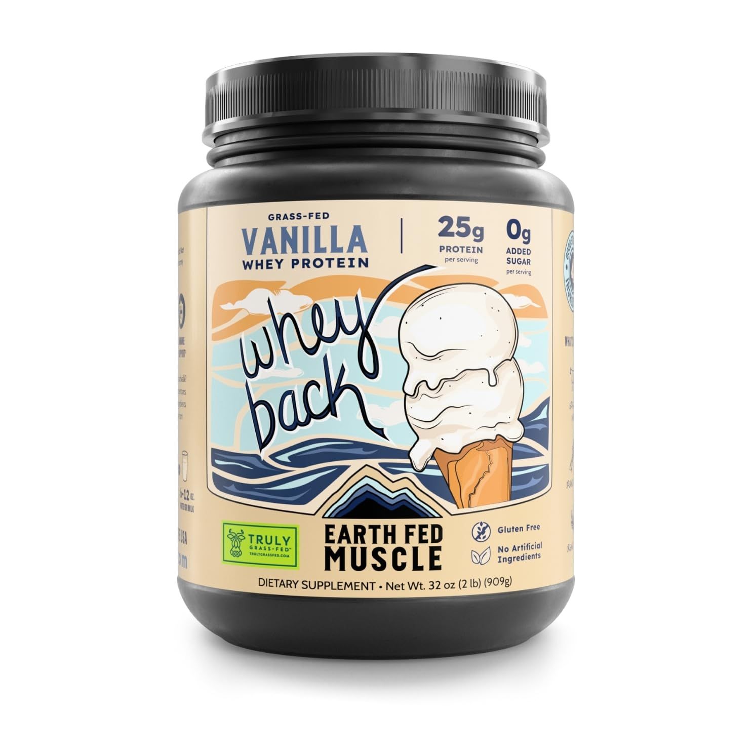 Earth Fed Muscle Whey Back Vanilla Truly Grass Fed Whey 2lb - No Fillers, Flow Agents, or Synthetic Blends, Soy Free, Non GMO and Hormone Free