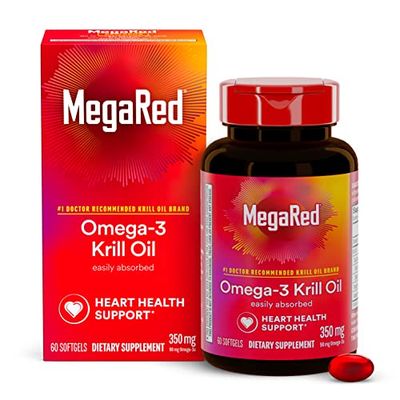 Omega-3 Krill Oil 350mg Softgels, MegaRed (60 Count In A Bottle), EPA &amp; DHA Omega-3 Fatty Acids With No Fishy Aftertaste Unlike Fish Oil, Contains Antioxidant Astaxanthin