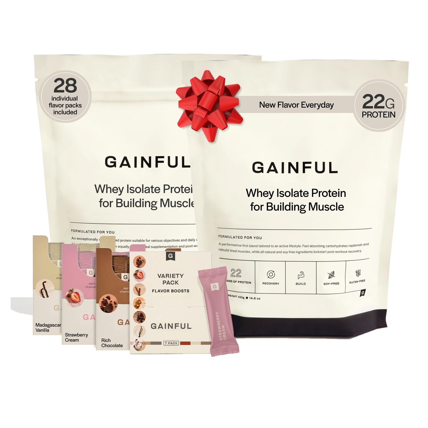 Gainful Whey Protein Powder Build Muscle Bundle, Post Workout Support, Whey Isolate + Concentrate, Low Carb, Unflavored with Chocolate, Vanilla, Strawberry &amp; Variety Pack Flavor Boosts, 28 Servings