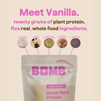 The Bomb Co. Bomb Plant Protein, Protein Powder with 20g Protein, Amino Acids, Zero Sugar, Pea Protein, Chia Seeds, Pumpkin Seeds, Vanilla &amp; Monk Fruit, Gluten Free, Vanilla Flavor, 20 Srvgs