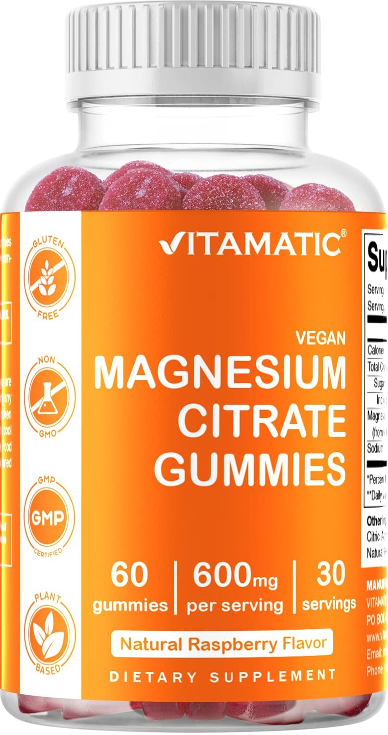 Vitamatic Magnesium Citrate Gummies 600mg per Serving - 60 Vegan Gummies - Promotes Healthy Relaxation, Muscle, Bone, &amp; Energy Support (60 Gummies (Pack of 1))