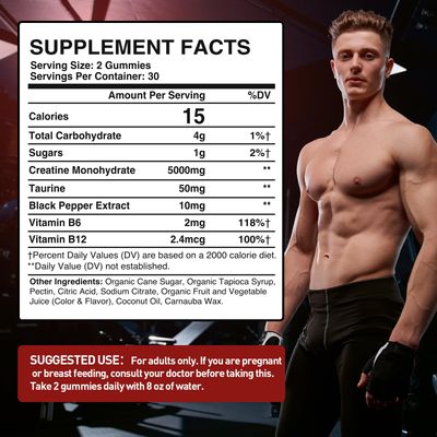 Creatine Monohydrate Gummies for Men & Women, 5000mg of Creatine Monohydrate per Serving Creatine Pre-Workout Gummies +Taurine & Vitamin B12 for Max Strength, Energy & Endurance (Berry, 60 Gummies)