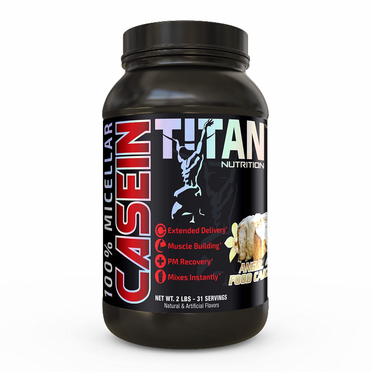 Titan Casein- 100% Micellar Casein Protein Powder with Added BCAA and Digestive Enzymes for Nighttime Muscle Recovery (Angel Food Cake)