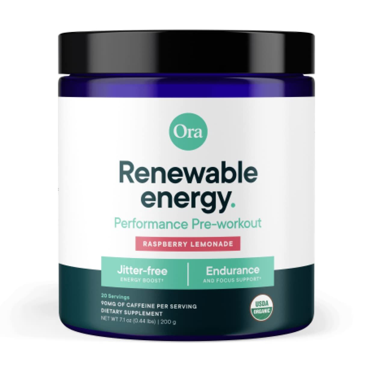 Ora Organic Natural Pre Workout Powder - Raspberry Lemonade Flavor- Provides Jitter Free Energy, Focus, Hydration, &amp; Endurance - Vegan, Certified Organic, Soy, Dairy, &amp; Gluten Free, 20 Servings