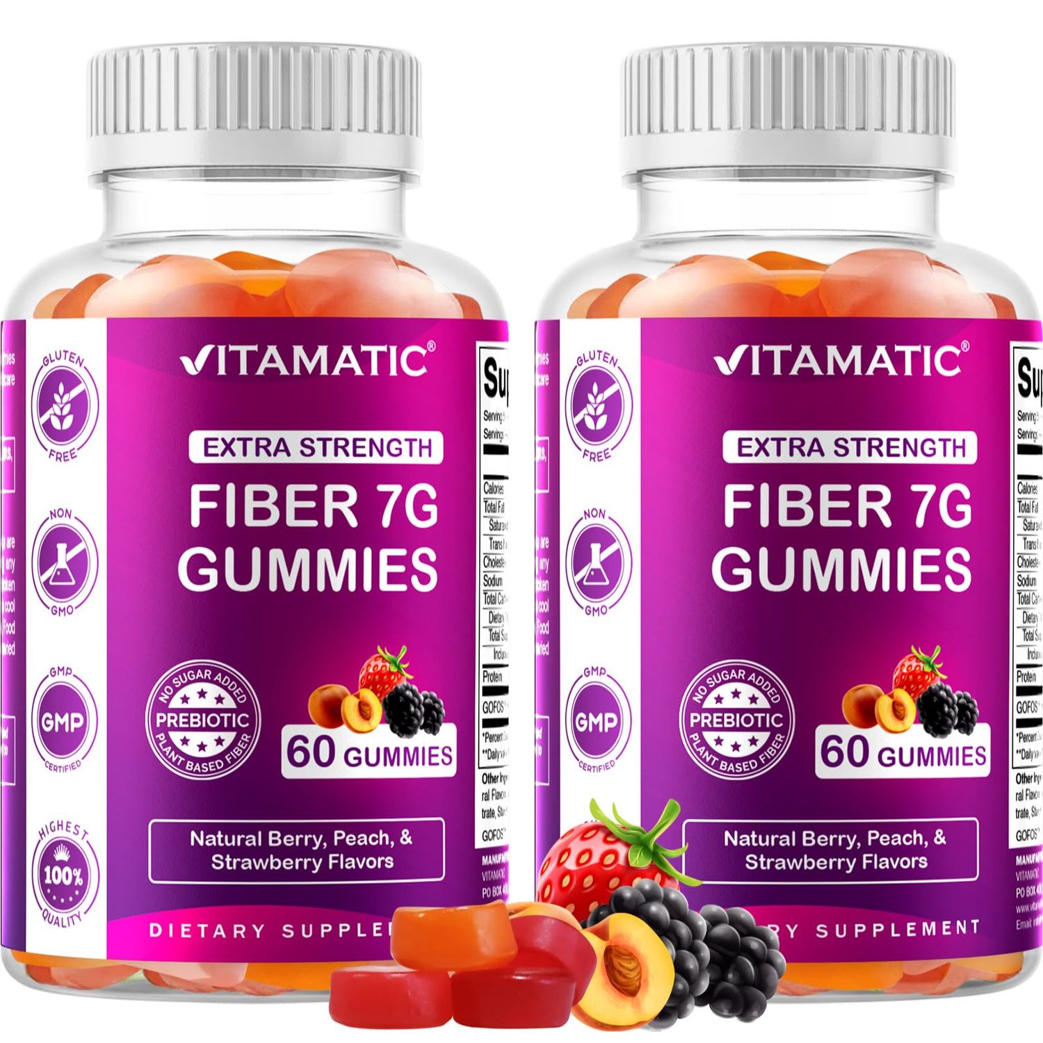 Vitamatic 2 Pack Prebiotic Fiber Gummies for Adults - 7G Fiber Extra Strength - Zero Sugar Added - 60 Pectin Based Gummies - Digestive Health &amp; Regularity Support, (Total 120 Count)