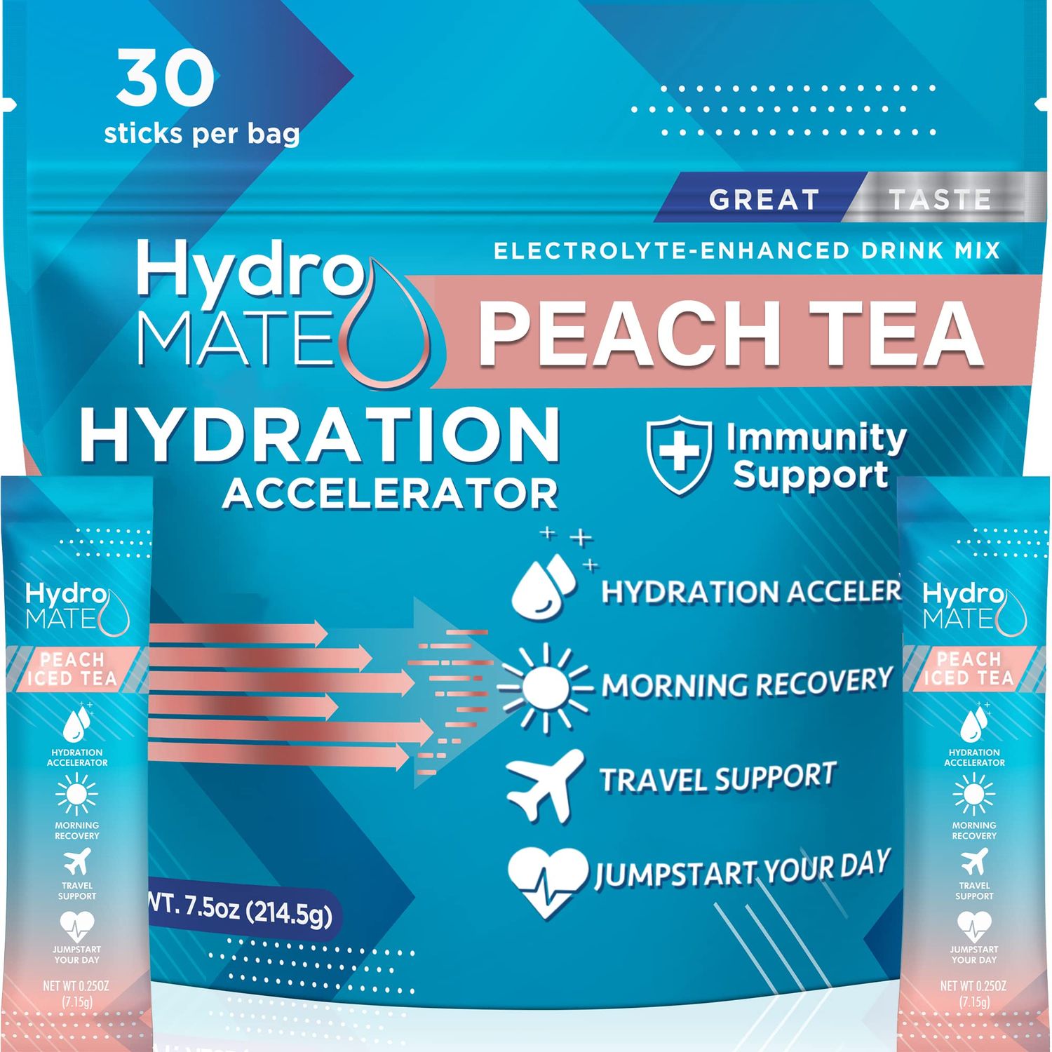 HydroMATE Hydrate Electrolyte Powder - 30 Count Instant Peach Tea Punch Hydration Packets with Vitamin C to Boost Energy - Low Sugar Electrolytes Powder to Support Hydration for Fast Party Recovery