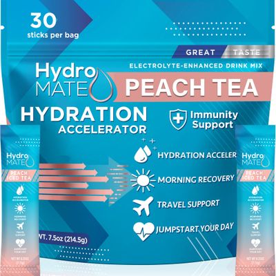 HydroMATE Hydrate Electrolyte Powder - 30 Count Instant Peach Tea Punch Hydration Packets with Vitamin C to Boost Energy - Low Sugar Electrolytes Powder to Support Hydration for Fast Party Recovery